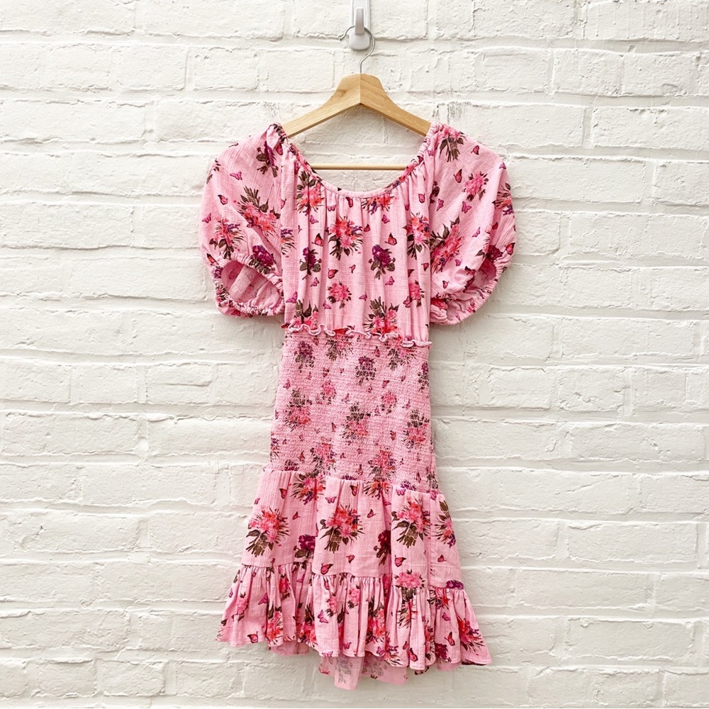 LoveShackFancy || Smocked Mini Dress Tiered Floral Pink XS